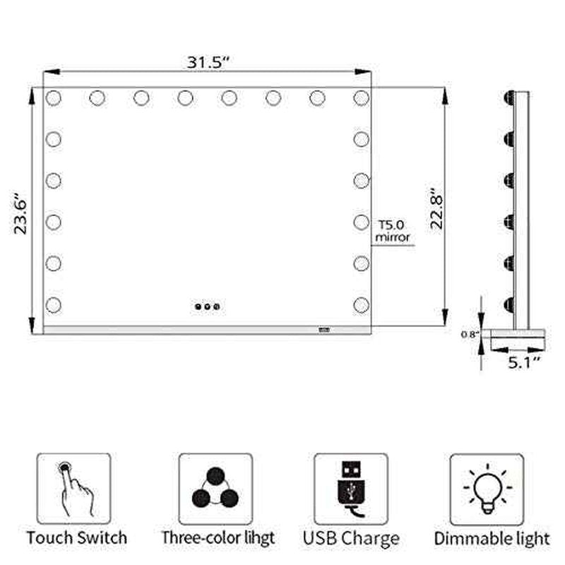 Hollywood Makeup Vanity Mirror with Lights 32 x 24 Inch 18 Pcs LED Extra Large Hollywood Vanity Lighted Makeup Mirrors X10 Magnifier USB 3 Color Makeup Desk Tabletop Vanity Make up Mirrors