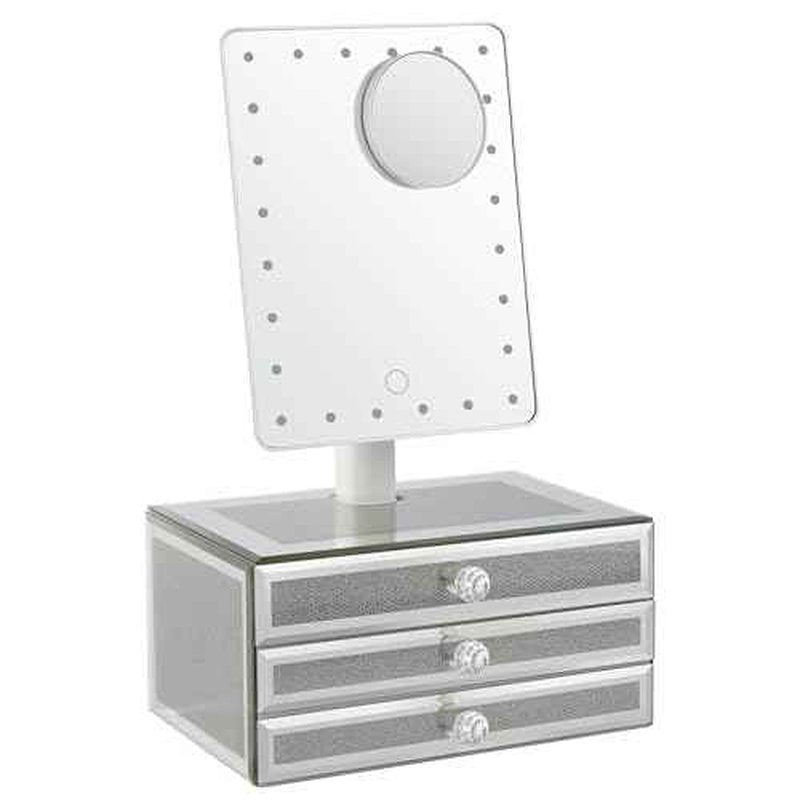 Star Vision 2-in-1 Lighted Makeup Mirror with Glass Jewelry Organizer, Dimmable 6,000K Cool White Light, 3-Layer Drawers, Luxury Crystal Diamond Effect Surface, Includes a 10X Magnification Mirror