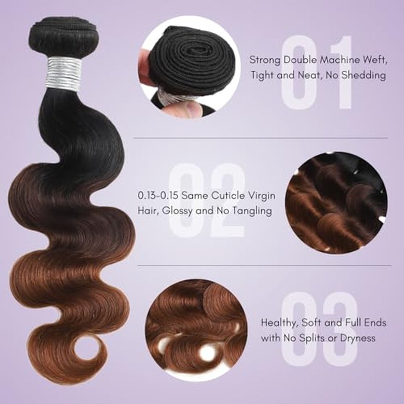 T1B/2/30 Chestnut Brown Ombre Human Hair Bundles Body Wave, 12A Thick Track 100% Virgin Human Hair Bundles Dark Roots Bundle 3 Tone Ombre Medium Auburn Colored Single Bundle Quick Weaves 20 Inch