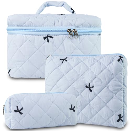 3Pcs Quilted Makeup Bag, Cute Floral Cotton Cosmetic Bag set, Coquette Bow Makeup Pouch Large Travel Toiletry Bag