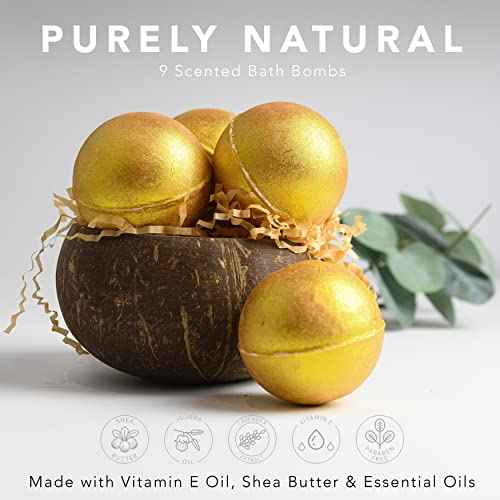 Birthday Gifts, 24K Gold Bath Bombs Set, Deluxe Marble Bath Bomb Gift Set, 9 Bath Bombs for Women & Men, Perfect for Bubble & Spa Bath, Natural Scents, Vanilla Coconut, Lavender, Jasmine & More