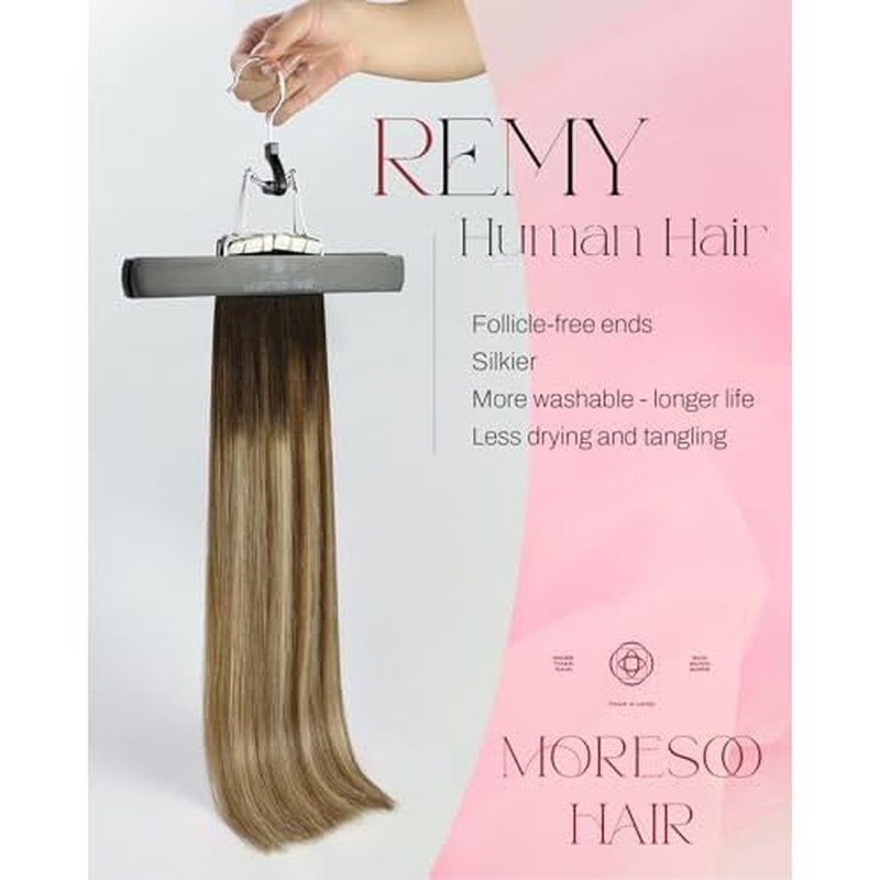 Moresoo Tape in Hair Extensions Human Hair #4/6/613 Brown Ombre Platinum Blonde with Chestnut Brown Silky Straight Remy Hair, Fashion Hair Extensions Real Human Hair Invisible Thick 20pcs 50g 18inch
