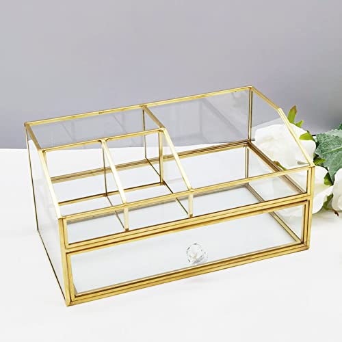 Glass Makeup Brush Holder, Makeup Brush Organizer Jewelry Display Box, Nordic Style Elegant Glass Makeup Organizer Nail Polish Lipsticks Eyeliners Holder for Vanity Bathroom Bedroom Office