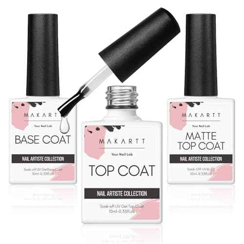 Makartt No Wipe Gel Top and Base Coat Set ? Matte & Glossy Finish, 3pcs Soak-Off Long Lasting Gel Nail Polish Essentials, No Yellowing, UV/LED Lamp Required, DIY Nail Art Gift for Women, 10ml