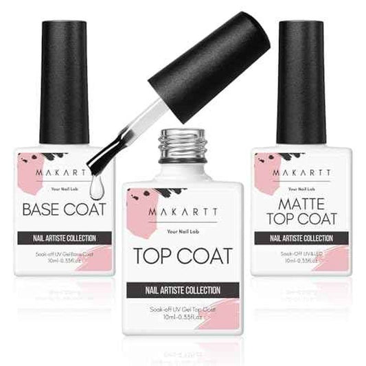 Makartt No Wipe Gel Top and Base Coat Set ? Matte & Glossy Finish, 3pcs Soak-Off Long Lasting Gel Nail Polish Essentials, No Yellowing, UV/LED Lamp Required, DIY Nail Art Gift for Women, 10ml