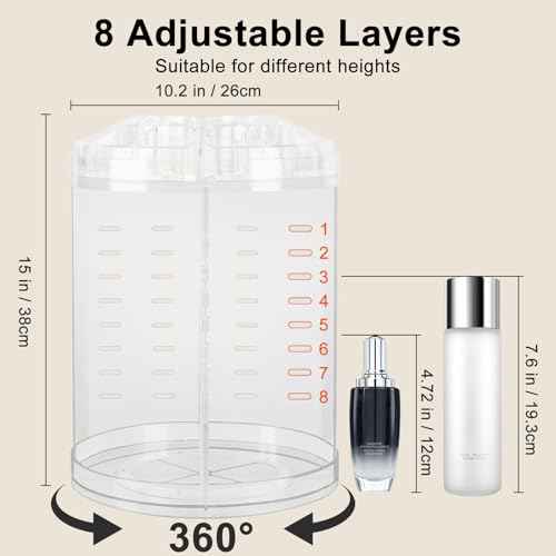 Makeup Organizer, 360 Degree Rotating Adjustable Cosmetic Storage Display Case with 8 Layers Large Capacity, Fits cosmetics, Makeup Brushes, Lipsticks and More, Clear