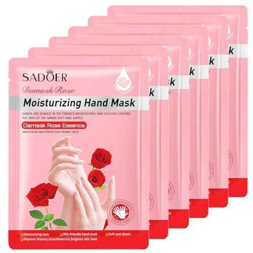 6 Pack Moisturizing Hand Peel Mask Gloves, Hand Mask Natural Collagen Spa Gloves Moisture Enhancing Gloves for Dry Hands, Repair Rough Damage Skin for Women & Men (Rose)