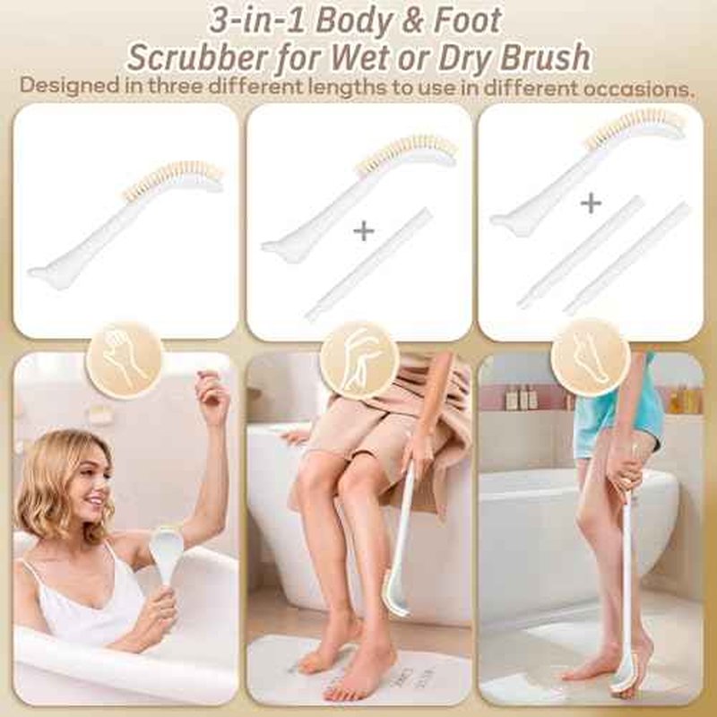 New Foot Brush with Adjustable Long Handle, 3-in-1 Foot Scrubber for Wet or Dry Brushing, 10.2¡¯¡¯- 27.5¡¯¡¯ Foot Scrub Brush for Senior, Pregnant, Disabled, or Injured, Gift-Box Packed(White)