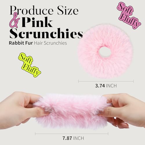 YGDZ 4PCS Pink Pom Pom Hair Ties, Furry Faux Rabbit Fur Light Pink Scrunchies, Hair Ties Ponytail Holders, Hair Accessories for Girls Women