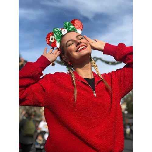 WOVOWOVO Christmas Mouse Ears Headbands for Women Girls, Bow Decoration Hairbands Red Sequin and White Snowflake Headband Party Cosplay Hair Accessories Costume, 2 Pack