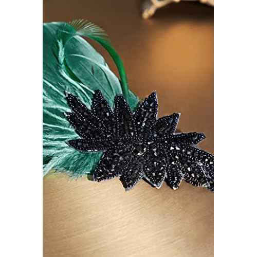 BABEYOND Vintage 1920s Flapper Headband Roaring 20s Great Gatsby Headpiece with Feather 1920s Flapper Gatsby Hair Accessories (Darkgreen)
