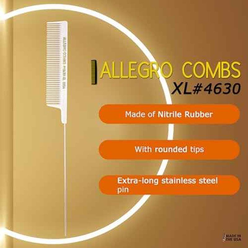 Allegro Combs LX #4630 - Set of 2 Coarse Teeth Pintail Combs, Stainless Steel Pins 1 Set (White)