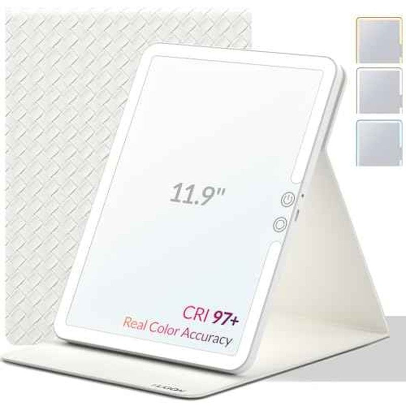 Travel Makeup Mirror with Lights, Portable Lighted Vanity Mirror with 100 LED, Rechargeable, Foldable for Tabletop, 11.9 inches, White