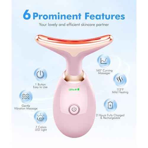 Red-Light-Therapy-for-Face-and-Neck, 7 Color Face Massager Tool for Wrinkles, Double Chin, Vibrating Facial Massager with Thermals for Skin Care, Glossy Pink