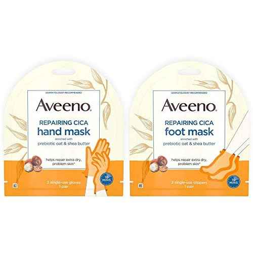 Aveeno Repairing CICA Foot Mask & Hand Mask with Prebiotic Oat and Shea Butter, for Extra Dry Skin, 1 ea