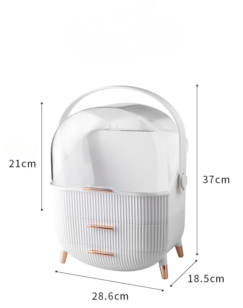 Makeup Storage Organizer for countertop，Cosmetics Display Case with 2-Layer Storage Box and Transparent Cover, Keep Bedroom Vanity Organizer Clea, Milky white