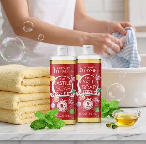 Pure Castile Liquid Soap Refill - Peppermint Scent, 32 oz Pack of 2 | Gentle, Vegan Formula for Hair & Body