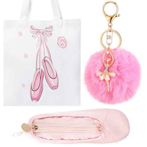 Kacctyen 3 Pcs Christmas Ballet Gifts for Girls Ballerina Shoes Canvas Tote Bag Ballet Dance Shoe Makeup Bag Pink Pom Pom Keychain for Ballerina Recital Birthday Xmas Gifts
