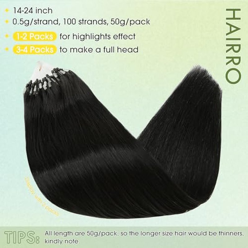 Hairro Microlink Hair Extensions Human Hairo Micro Loop Microbeaded Hair Microlinks Pre Bonded Cold Fusion I Tip Hair For Women 14 inch 50g 100 Strands #01 Dark Black