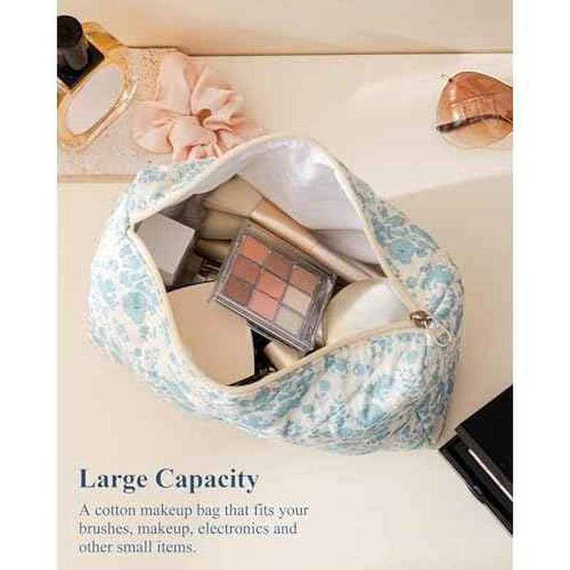 HBselect Initial Quilted Makeup Bag, Cotton Large Travel Makeup Bag, Cute Floral Coquette Make up Bag Cosmetic Bag Toiletry Bag for Women Girls S