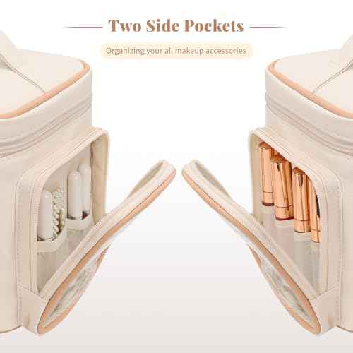Large Makeup Bag, Portable Travel Makeup Bag Organizer for Women Girls with Makeup Brush Compartment & Two Side Pockets, Cosmetic Travel Bag Vertical Storage Toiletry - White