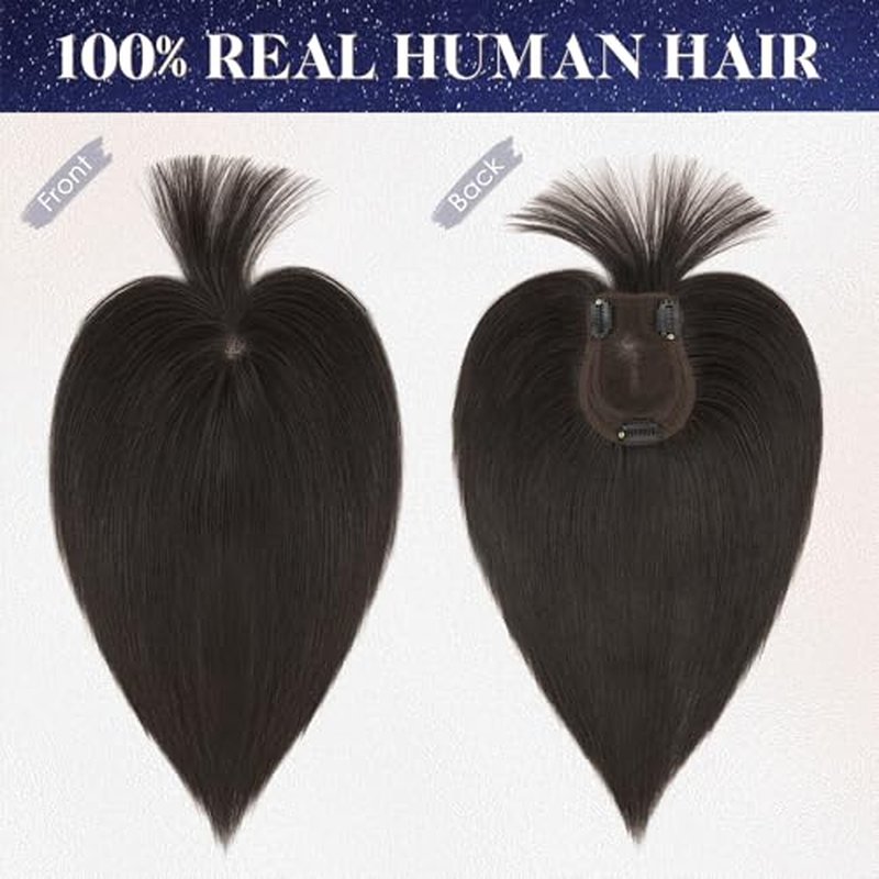 MY-LADY Human Hair Toppers for Women Real Human Hair with Bangs Thin 9 * 12CM Lace Base Clip in Remy Hairpieces Hand-Tied Light Weight 12 Inch Natural Black