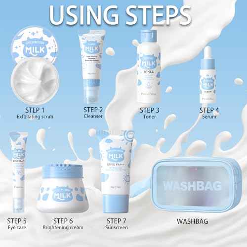 Milk Skincare Set Girls Gifts - 8Pcs Milk Skin Care Sets & Kits for Teens - Skin Care Kit for Women Kids Teenage Girls with Cleanser, Toner, Eye Cream, Serum, Sunscreen, Face Cream, Scrub, Bag