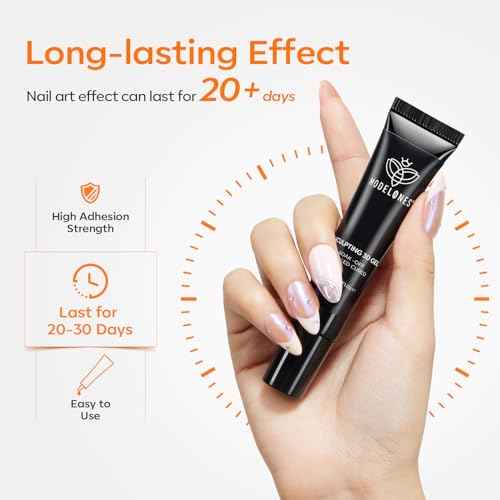 Modelones 3D Gel Nail Art, Sculpting Gel Glue for Molding, Drawing, Charms & Gems Glue, Nail Stuff for Chrome Powder and Rhinestone Design No Wipe, U V Light Cured Salon & DIY Use