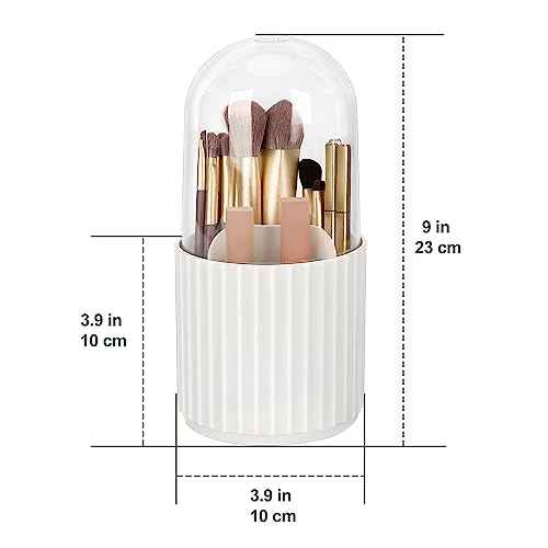 JessLab Makeup Brush Holder Organizer with Lid, 360 Degree Rotatable Makeup Brush Organizer Spinning Cosmetics Holders Brush Storage Box Display for Bathroom Vanity Countertop, White