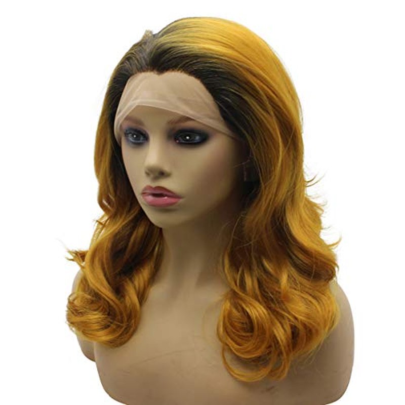 iwonawig Shoulder Length Wavy Curl Dark Roots Gold Blonde Ombre Tone Synthetic Lace Front Wig Heat Friendly Fiber