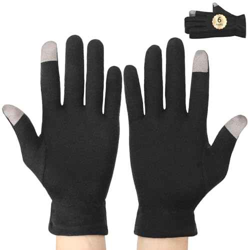 Segbeauty 12 Counts Touchscreen Black Cotton Gloves Black with Elastic Band, 6 Pair Touch Screen Hand Moisturizing Cotton Gloves for Dry Hands Sleeping Overnignt, Reusable Hand Care Spa Moisture Glove