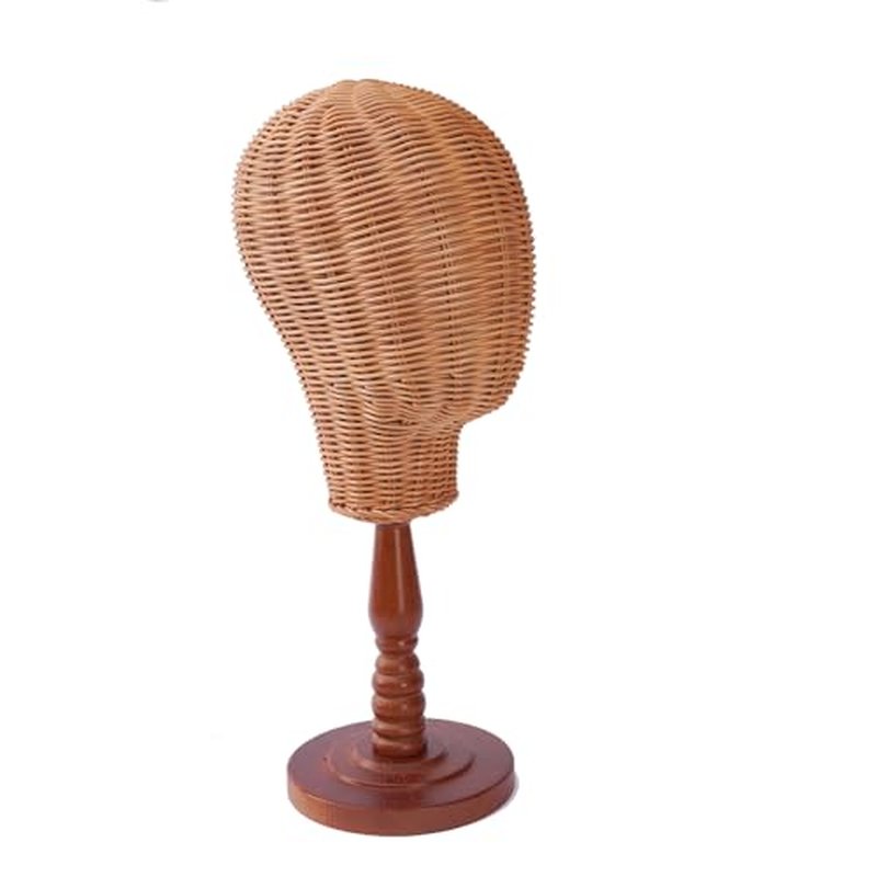 Rattan Mannequin Head with Wooden Base for Wig and Hat Display