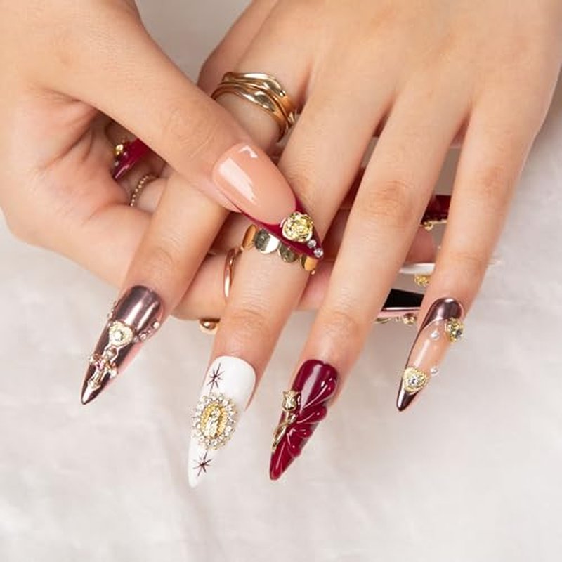 LOVFUL Press on Nails Royal Crimson | Handmade with Full Covered Crystals | Reusable Full Cover Nails | Stiletto Classic Regular 1.3 in | H383-M