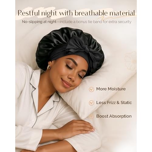 Yanibest Adjustable Satin Bonnet for Sleeping, Double Layer Silk Hair Bonnet with Tie Band for Unisex Women Men Curly Natural