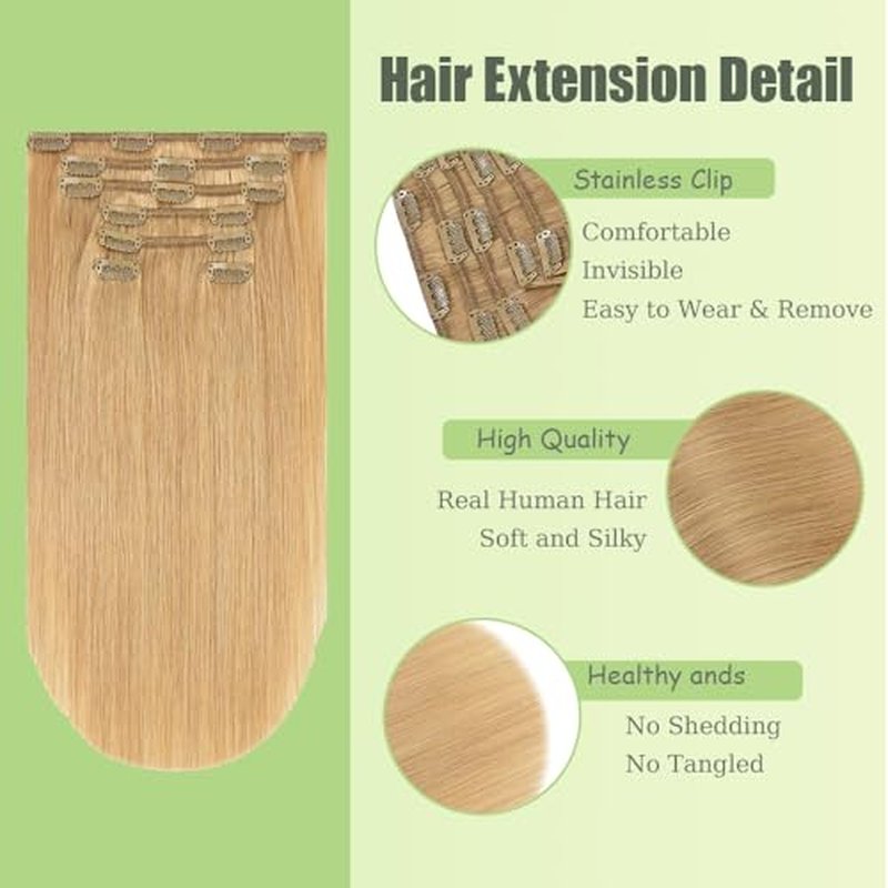 20 Inch #27 Blonde Clip in Hair Extensions - Real Remy Human Hair, 120g 7pcs, Honey Blonde Human Hair Extensions Clip ins for Women