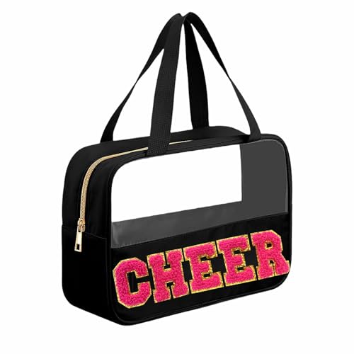 Chenille Pink Letter Cheer Bag Cheerleader Gifts for Team Women Girls Cheer Stuff Accessories Makeup Bag with Handle and Zipper, Cheer Gifts
