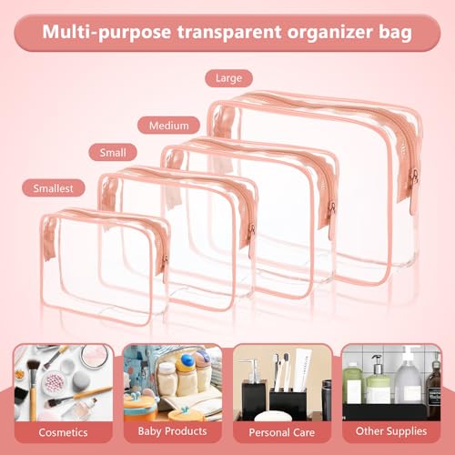 Clear Cosmetic Bag, 4 Pcs Waterproof Clear Plastic Cosmetic Makeup Bags,Transparent Packing Organizer Storage Bags,Christmas Gift for Mother,Wife,Grilfriends(Pink).