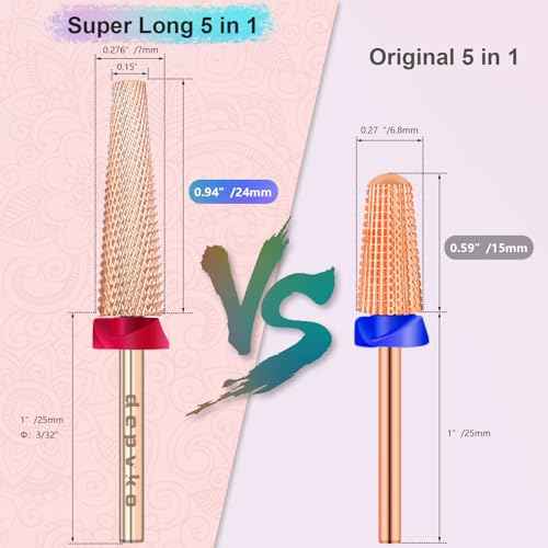 Depvko Super Long 5 in 1 Nail Drill Bits, 3/32'' Carbide Tungsten Bits, Two Way Rotate Professional Advanced Safety Bits for Nail, Fast Remove for Manicure Pedicure (Long 5in1-Rose Gold, Fine-F)