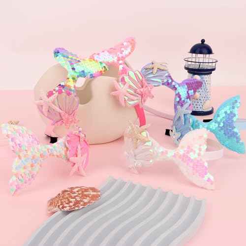 6Pcs Mermaid Headbands for Girls Fish Tail Hair Band for Women White Pink Blue Purple Light Pink Rainbow Multi-colored Headbands Seashell Ocean Theme Cute Headband