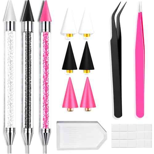 13 Pcs Rhinestone Picker Tool - 3 Pcs Dual-head Pens with 6 Wax Tips, 15 Pcs Clay, Precision Curved and Straight Tweezers Kit for Picking Up Nail Art Gems, Stones, Crystals, and Nail Charms