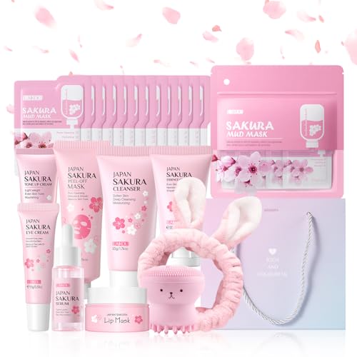 LAIKOU Sakura Skincare Set for Teen Girls, Complete 34PCS Face Care Kit, Christmas Pamper Gift Set for Women & Teenage Girls, Hydrating & Nourishing Travel-Friendly Daily Facial Skincare Routine