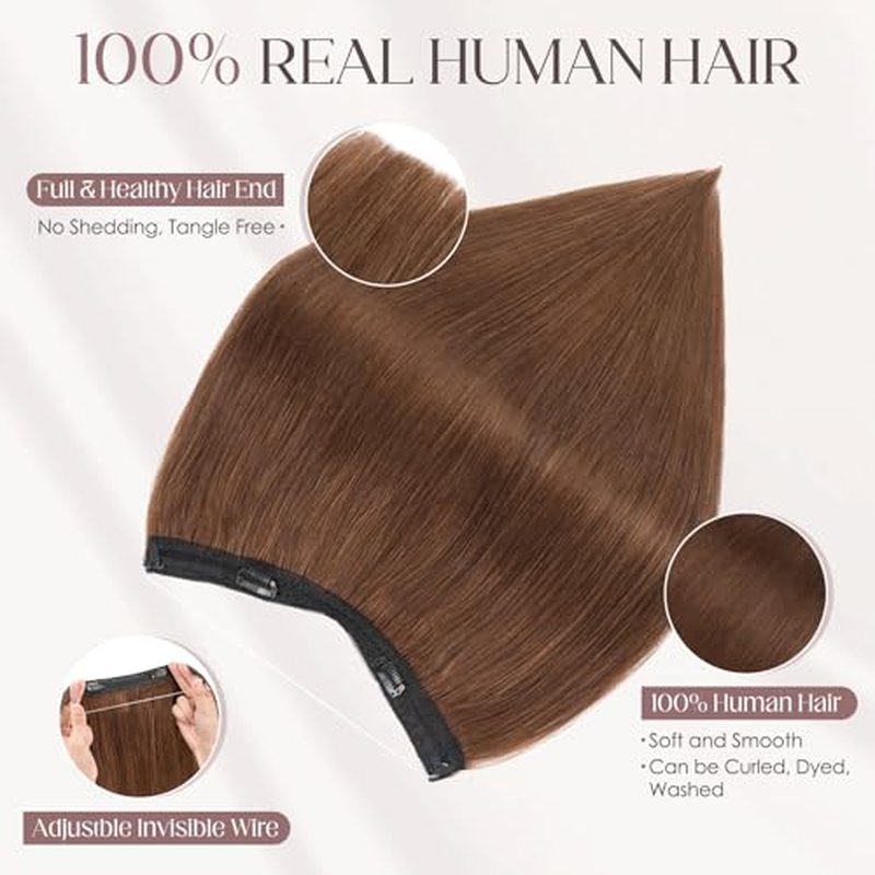 Elailite Halo Hair Extensions Real Human Hair for Women Medium Brown Clip in Remy Hairpiece with Adjustable Invisible Wire 14 Inch 60G