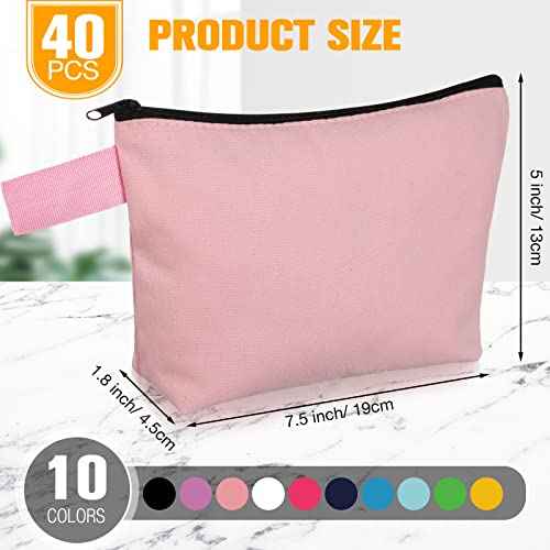 Frienda 40 Pack Canvas Makeup Bags Bulk Cosmetic Bags with Bottom Travel Canvas Zipper Pouch Multi Purpose Blank for Women Purse Toiletry Pencil DIY Craft, 10 Colors(7.4 x 5.1 x 1.7 Inch)