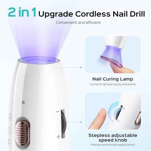 COSLUS Cordless Nail Drill Electric: 2-in-1 Nail File with Flash Cure for Acrylic Gel Dip Powder Nails, Stepless Control for Beginner Home DIY, Portable for Travel, Professional Pedicure Manicure Kit