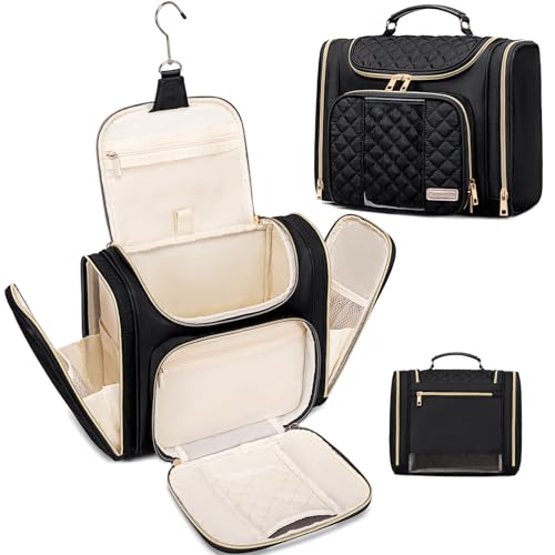 Travel Toiletry Bag for Women, Hanging Toiletry Bag, Bathroom Bag Portable Shower Caddy for College Dorm Travel Shower Bag for Women Water-Resistant Cosmetic Makeup Bag (Black)