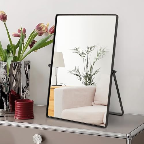 Desktop Makeup Mirror with Black Metal Standing 90¡Æ Rotation Vanity Table Mirror Portable Cosmetic Mirror for Dressing Room Bedroom Bathroom Rectangle