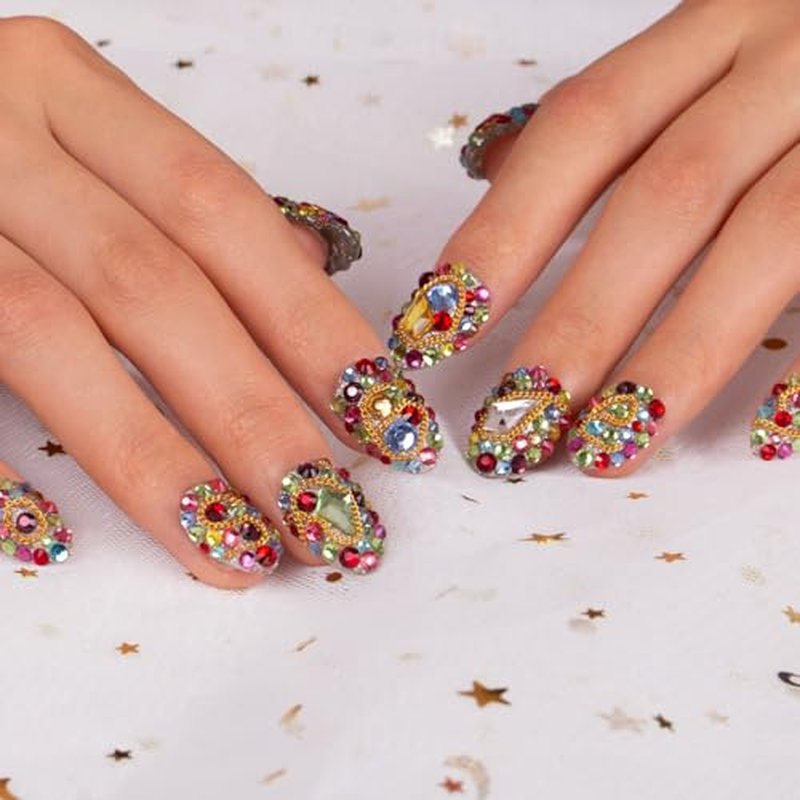 LOVFUL Press on Nails Precious | Handmade with Full Covered Crystals | Reusable Fake Nails | Almond Short 0.8 in | H175-M