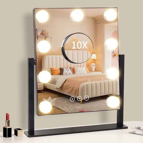 Vanity Mirror with Lights,Makeup Mirror with Lights with 9 Dimmable LED Bulbs, 3 Color Lighting Modes Detachable 10X Magnification Mirror Touch Control,360¡ÆRotation
