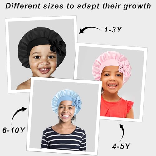 3 Pcs Kids Silk Bonnet for Sleeping - Baby Satin Bonnet for Sleep,Kids Hair Bonnets for Curly Hair Girls Boys with Wide Elastic Band,Sleeping Cap for Teens Toddler Child (Pink+Black+Light Blue)