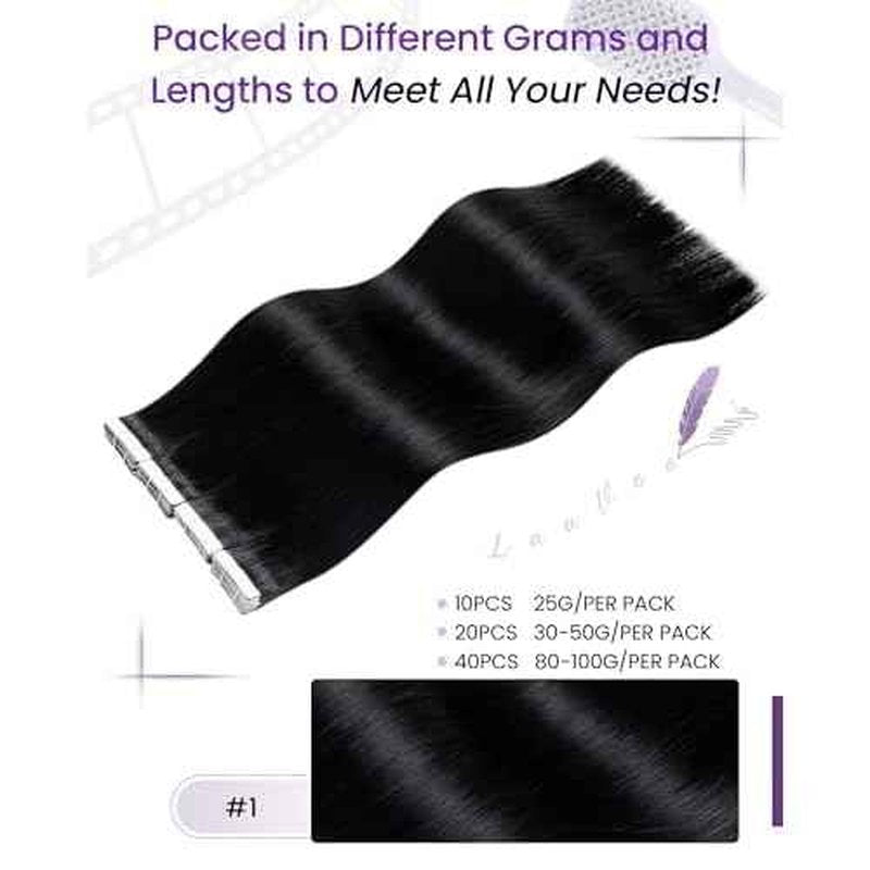 LaaVoo Tape in Hair Extensions Black Tape in Hair Extensions Human Hair 20Inch Tape in Extensions Real Human Hair Jet Black 20pcs 50g